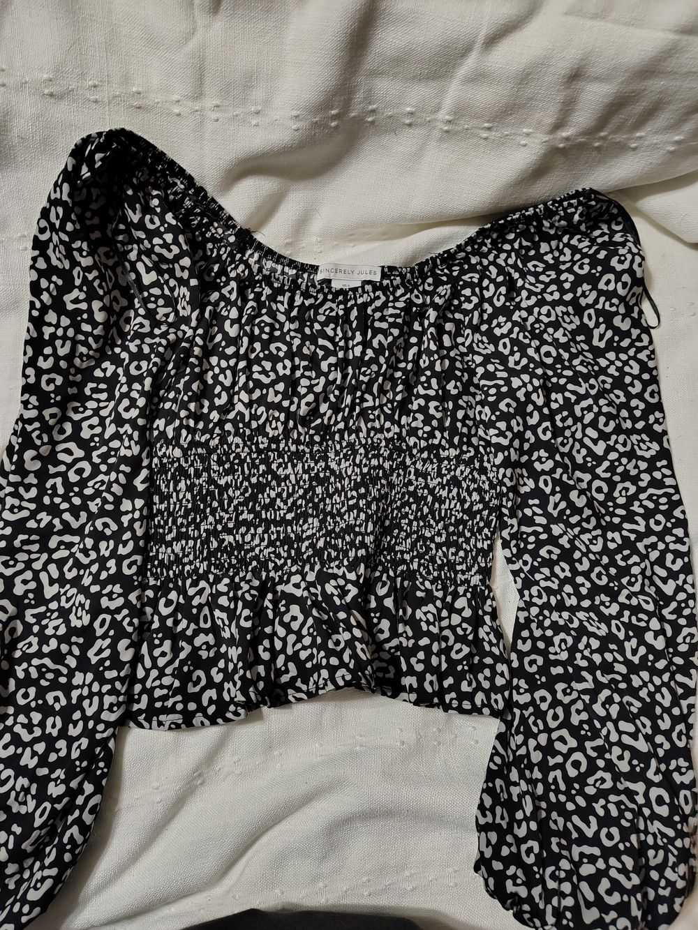 Sincerely Jules Black & White Smocked Off-Shoulder Blouse